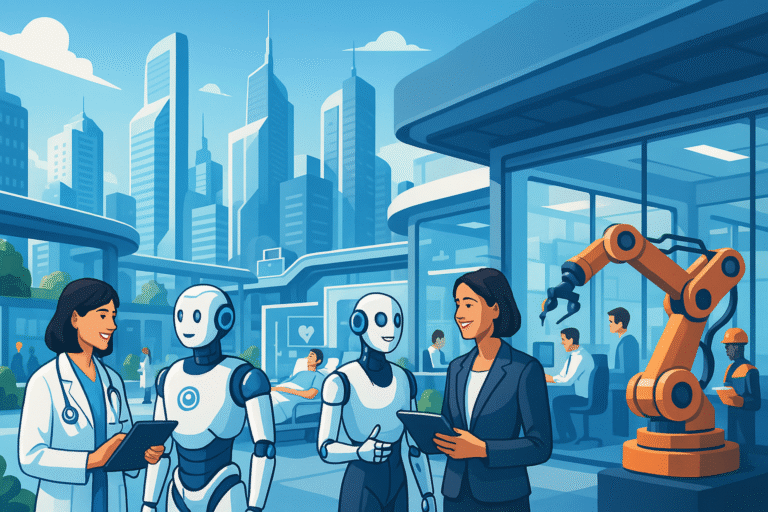 Futuristic city with humans and artificial intelligence robots collaborating in healthcare, workplaces, and industry.