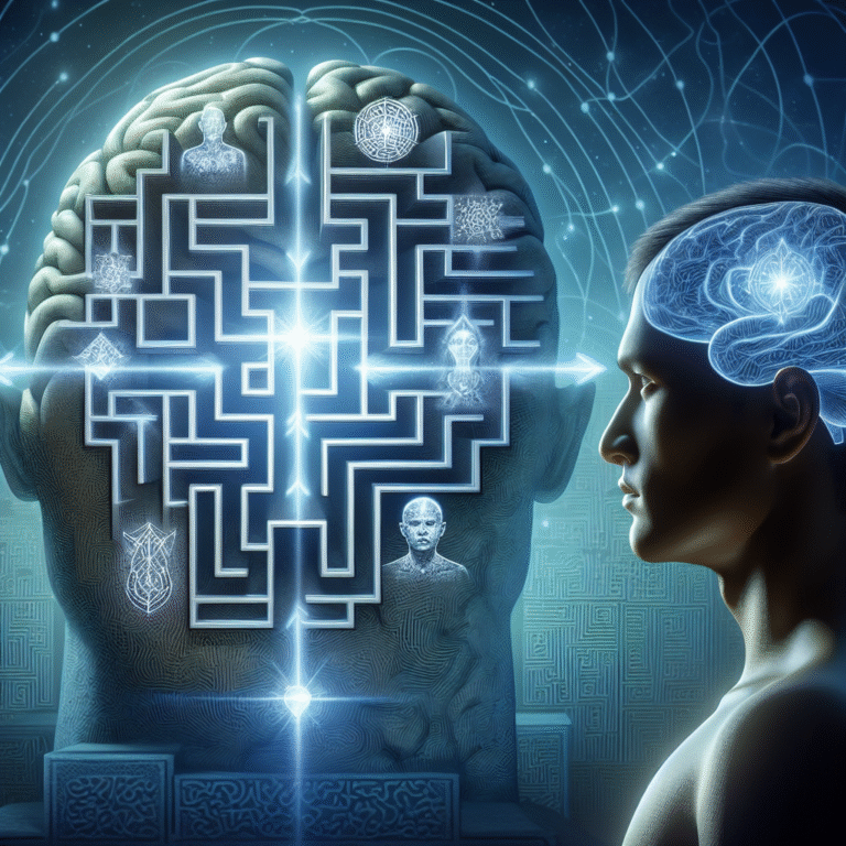 A person looks at a glowing brain maze showing cognitive biases—visual metaphor for how biases affect thought and action.