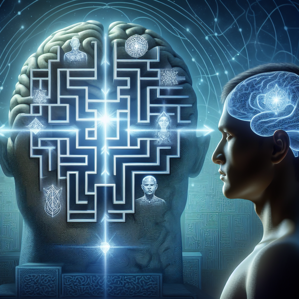 A person looks at a glowing brain maze showing cognitive biases—visual metaphor for how biases affect thought and action.