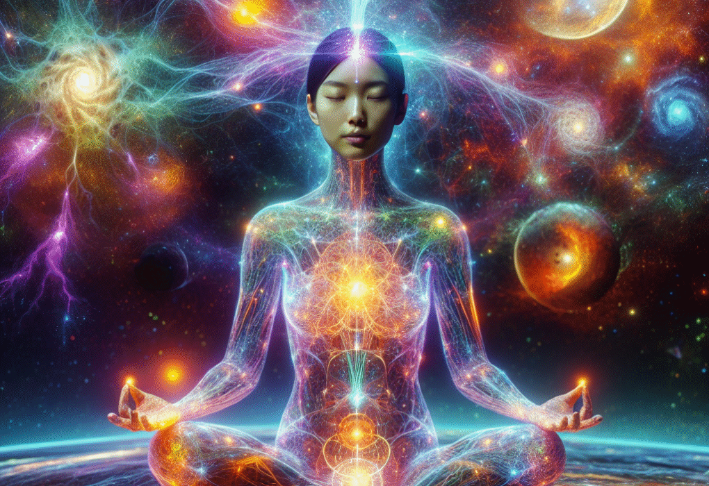 Meditating person surrounded by glowing neural pathways and cosmic portals, illustrating consciousness exploring higher dimensions.