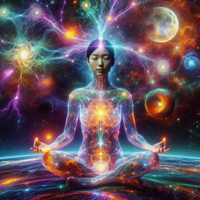 Meditating person surrounded by glowing neural pathways and cosmic portals, illustrating consciousness exploring higher dimensions.