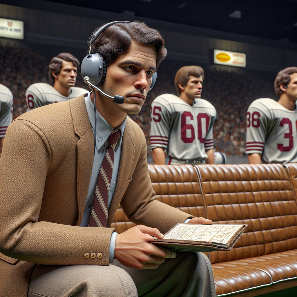 Young Bill Belichick coaching on an NFL sideline in the 1970s, headset on and playbook in hand.