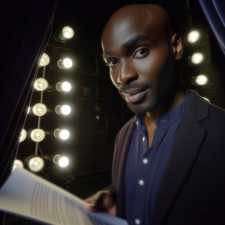 Damson Idris backstage at London theatre, holding a script, prepared for his acting breakthrough.