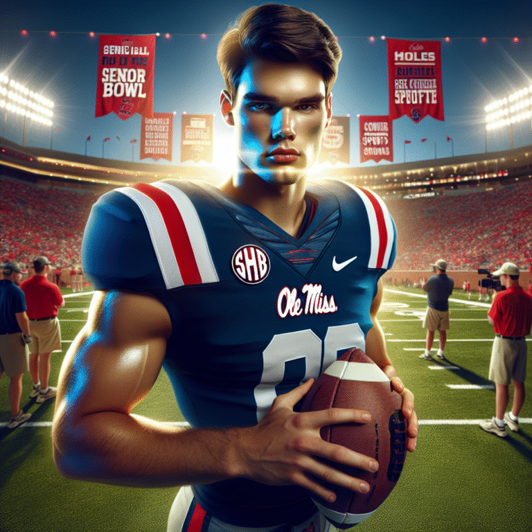 Jaxson Dart in Ole Miss uniform, football in hand, with Senior Bowl banners and stadium lights behind him.