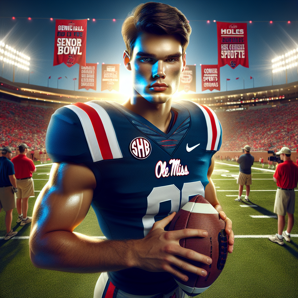 Jaxson Dart in Ole Miss uniform, football in hand, with Senior Bowl banners and stadium lights behind him.