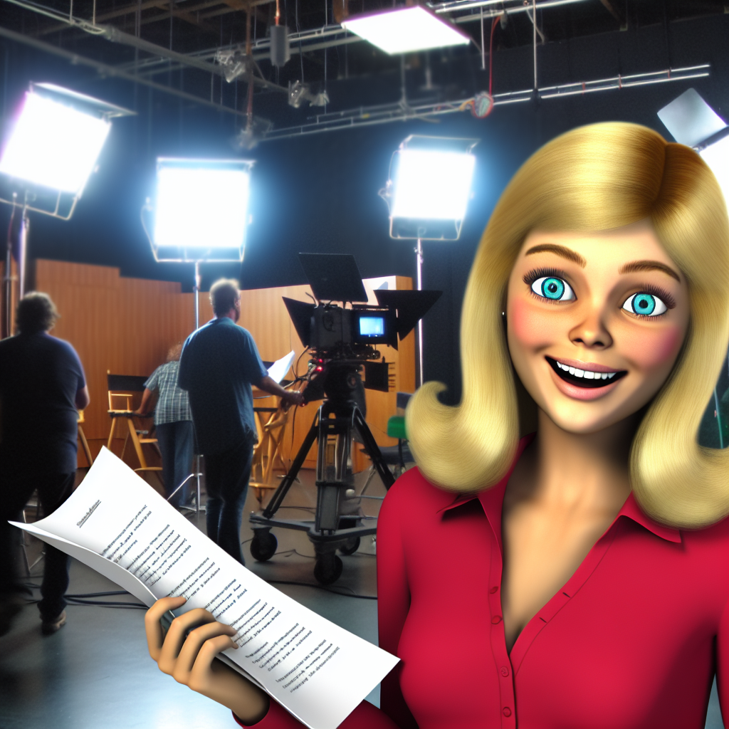 Young Kelly Ripa holding a script on a soap opera set, early in her TV acting career, with studio lights and crew.