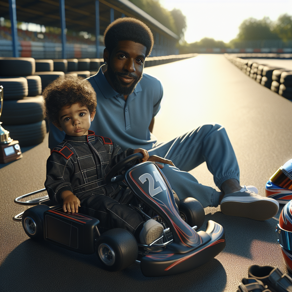Young Lewis Hamilton in his first go-kart with his father at a British karting circuit, ready for racing beginnings.