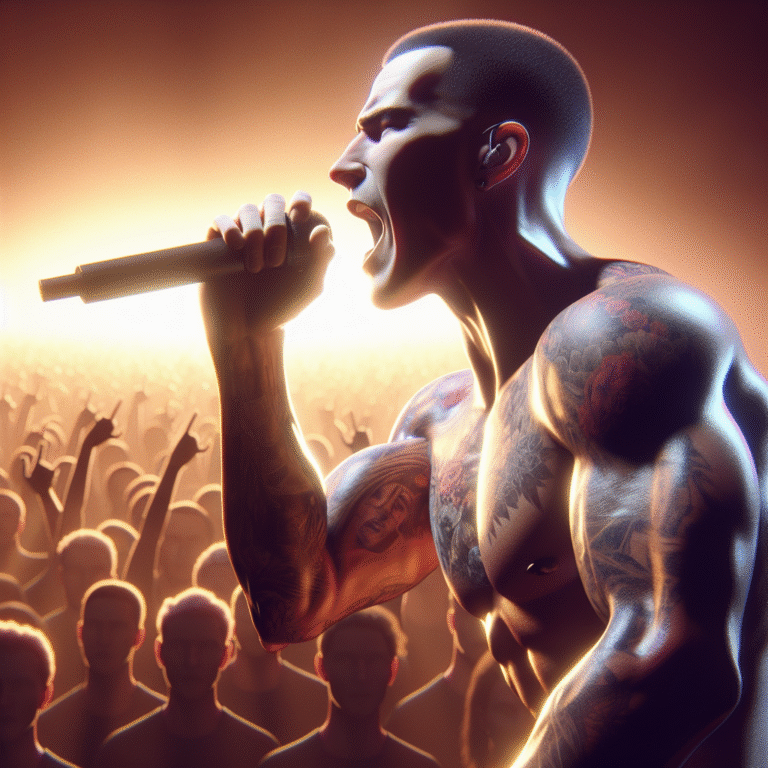 Chester Bennington of Linkin Park singing on stage at sunset, evoking emotion and legacy.