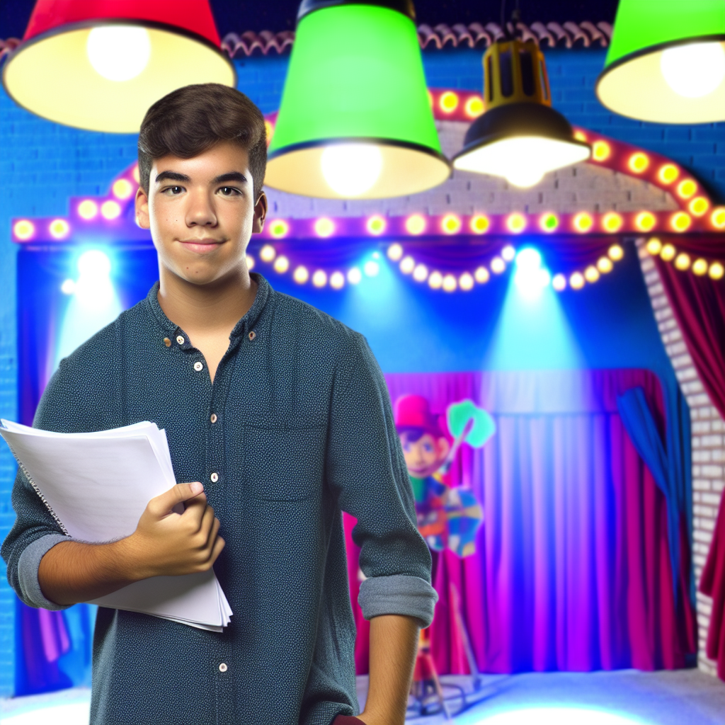Malachi Barton smiling on set with a script, Disney props, and stage lights behind him, embodying his acting career and personality.