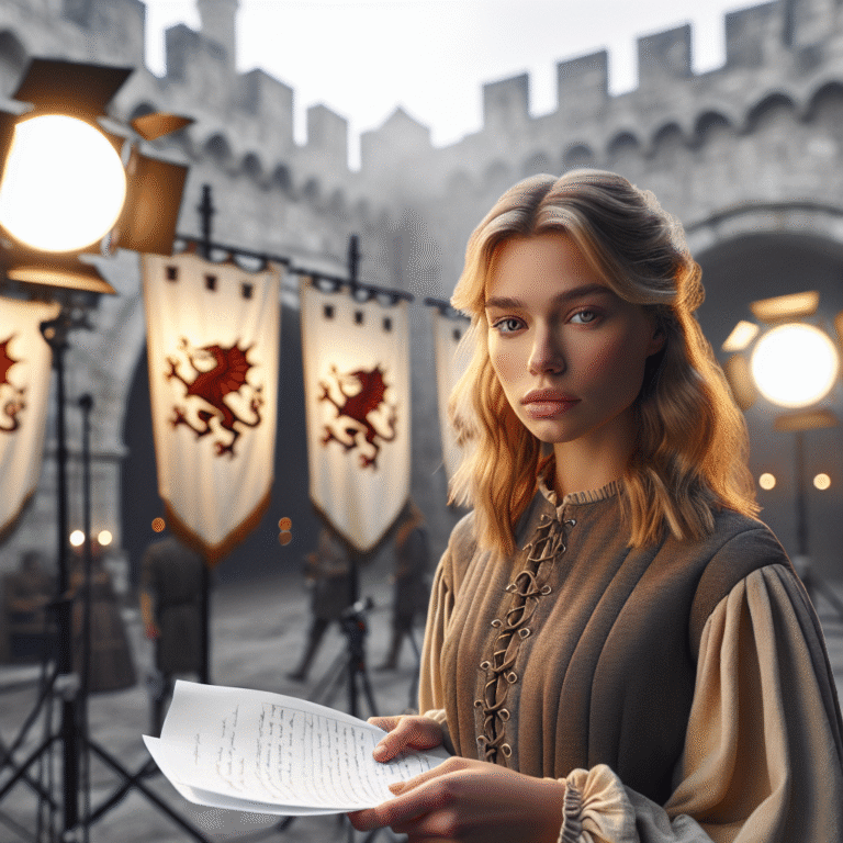 Milly Alcock in medieval costume on House of the Dragon set, dramatic lighting and banners inspired by Westeros.