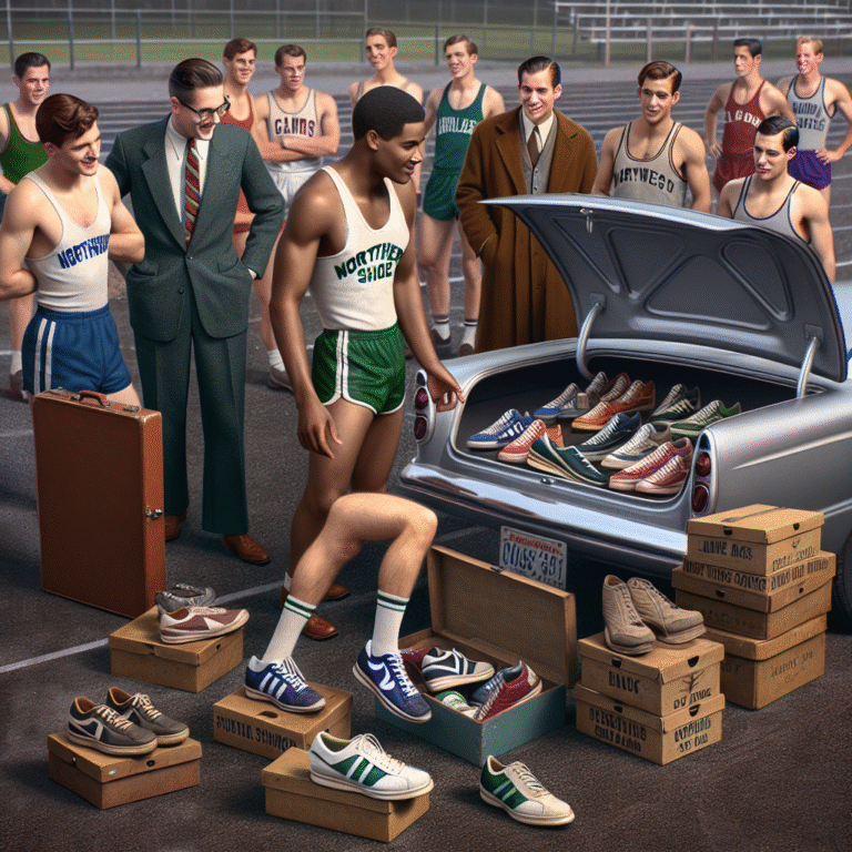 Young Phil Knight selling early Nike shoes from his car at a 1960s Oregon track meet, capturing Nike's entrepreneurial beginnings.