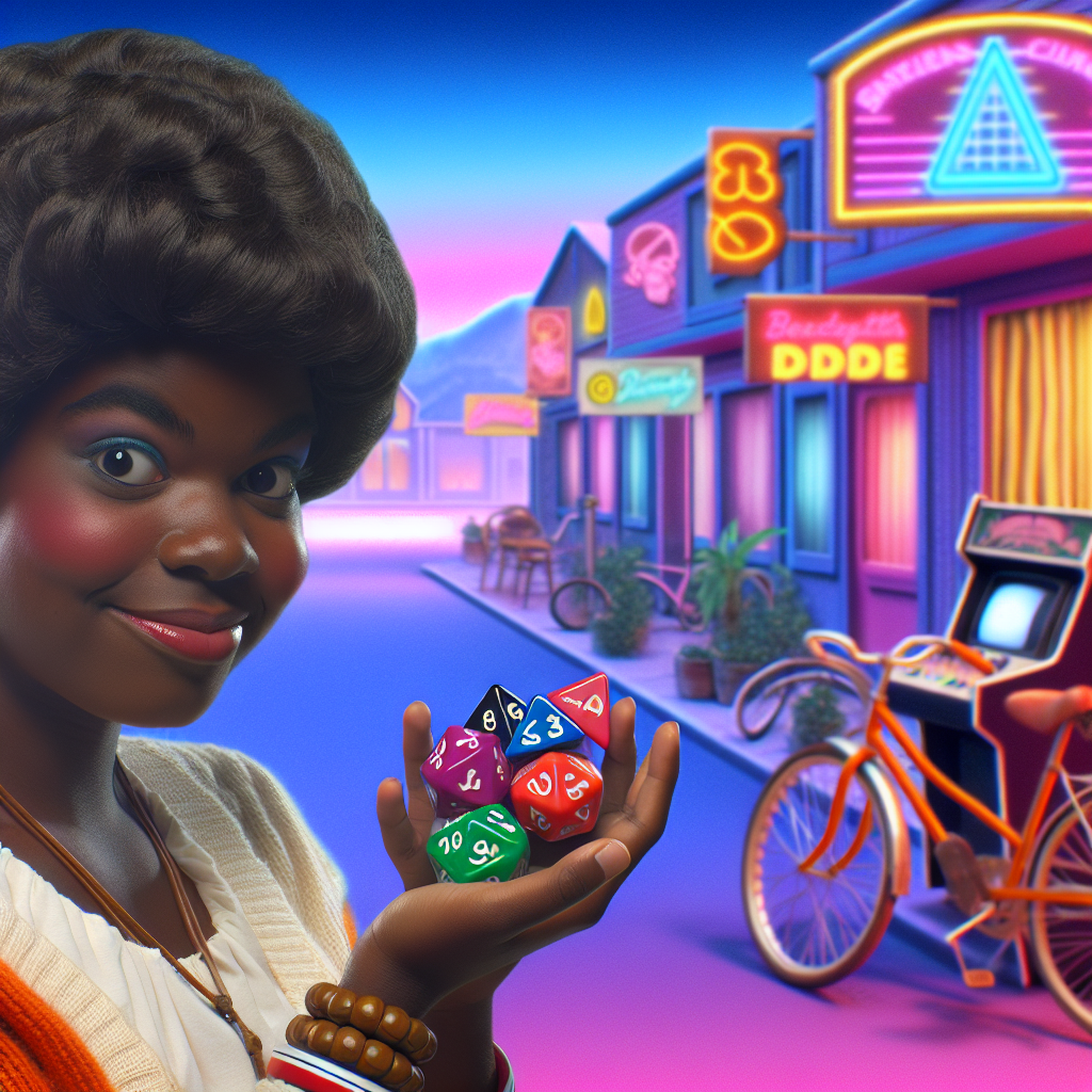Erica Sinclair of Stranger Things, smiling with D&D dice, in a lively 1980s Hawkins setting.