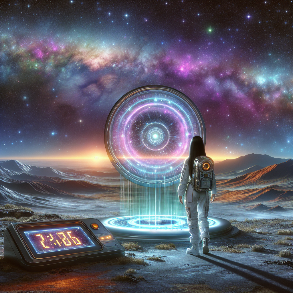 Astronaut next to glowing time portal on an alien planet, digital clock and cosmic scenery illuminate theoretical time travel.
