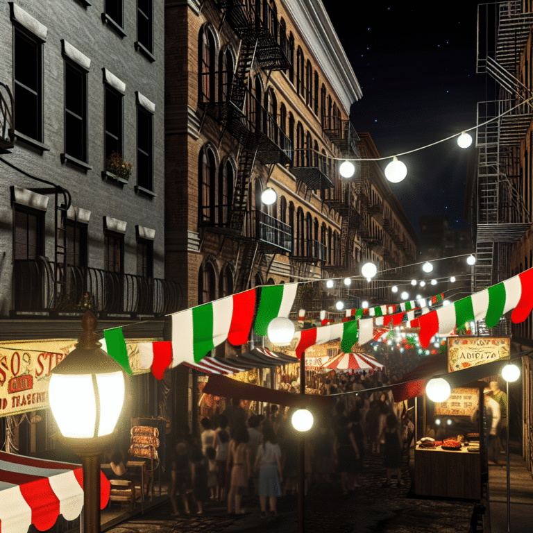 San Gennaro Festival in Little Italy, NYC, with festive lights and crowds filling the night street.
