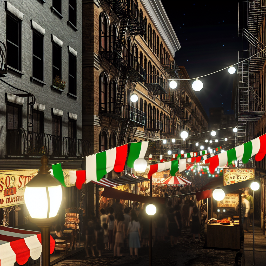 San Gennaro Festival in Little Italy, NYC, with festive lights and crowds filling the night street.