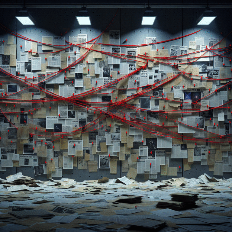 Wall covered in conspiracy theory documents and red string, some cases clearly highlighted as proven true.