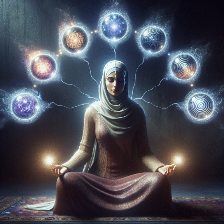 A person meditating with glowing orbs representing multiple psychic abilities floating around in peaceful light.
