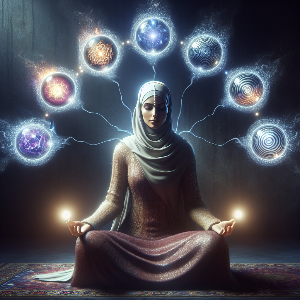 A person meditating with glowing orbs representing multiple psychic abilities floating around in peaceful light.