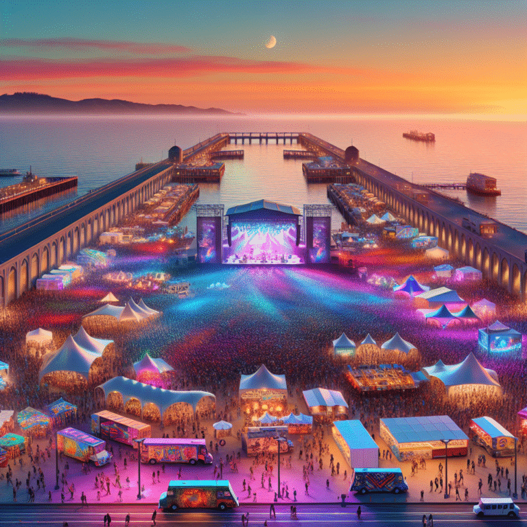 Thousands of people enjoying Portola Festival at San Francisco Pier 80 with glowing festival lights and waterfront stages.