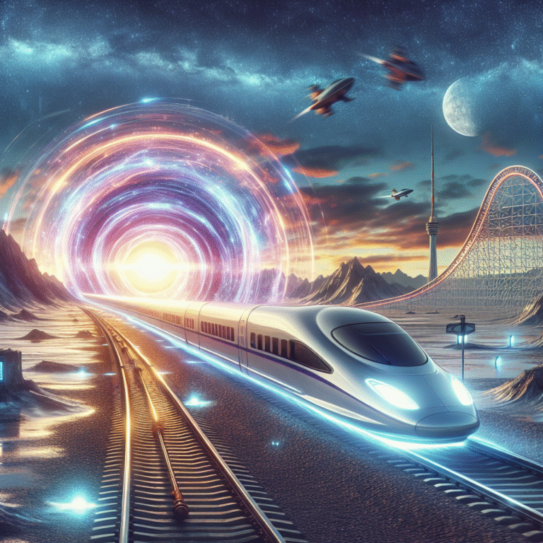 Futuristic train and Time Traveler roller coaster symbolizing real and theoretical time travel amid sci-fi scenery.