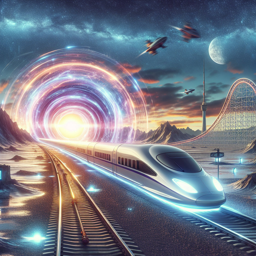 Futuristic train and Time Traveler roller coaster symbolizing real and theoretical time travel amid sci-fi scenery.