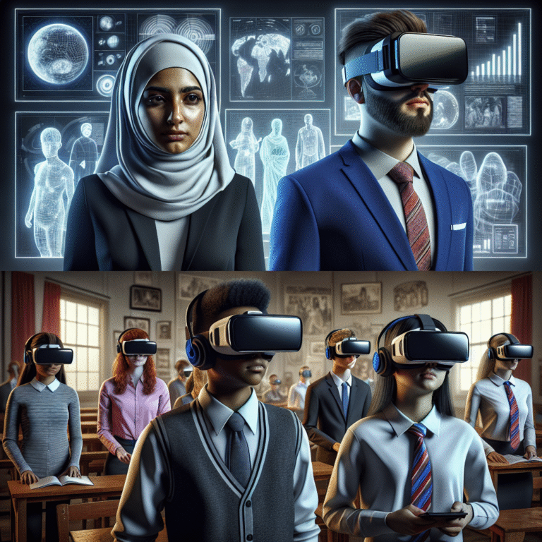 Professionals and students using VR headsets for immersive business training and education experiences.