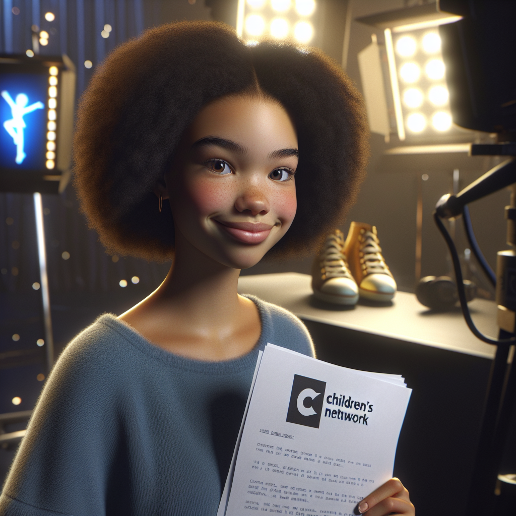 Young Zendaya starting her career backstage at a Disney studio with script and stage lights.
