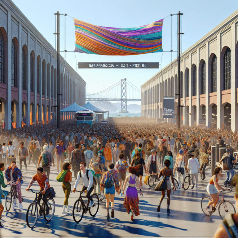 Festival-goers arriving at Pier 80, San Francisco, for Portola Festival, with bikes, shuttles, and city skyline visible.