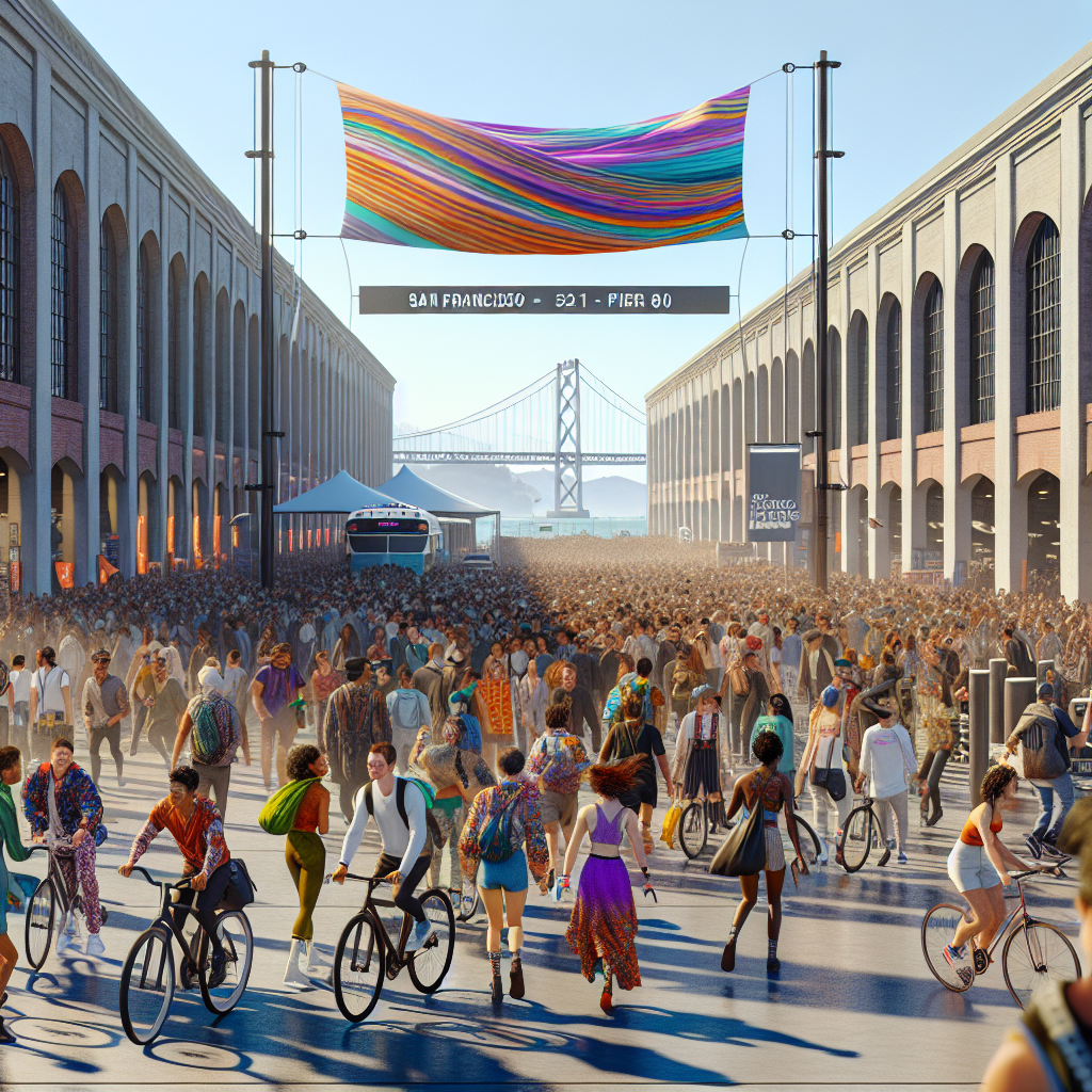 Festival-goers arriving at Pier 80, San Francisco, for Portola Festival, with bikes, shuttles, and city skyline visible.