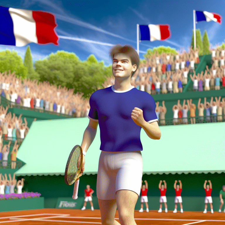 Arthur Cazaux celebrates a tennis victory on French clay court, French flags and excited fans in background.