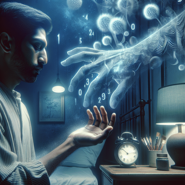 Person performing a reality check in a dreamlike room, hand and warped digital clock showing lucid dreaming cue.
