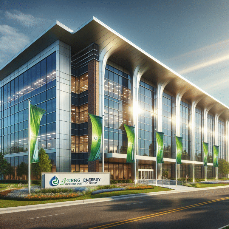 Consumers Energy headquarters in Jackson, MI, glass building with company sign and green landscaping.