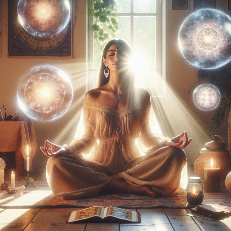 Person meditating in sunlight with glowing orbs symbolizing psychic ability, tarot cards, and a journal nearby.