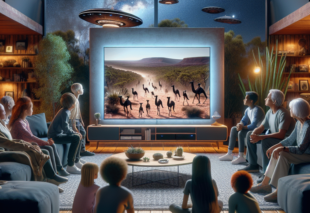 Australian family streaming Ancient Aliens in their living room on smart TV with streaming apps visible.