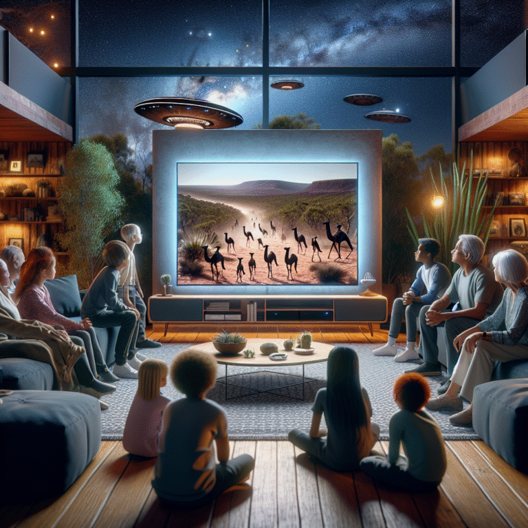 Australian family streaming Ancient Aliens in their living room on smart TV with streaming apps visible.