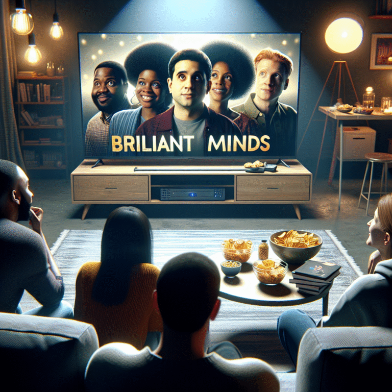 People streaming Brilliant Minds on a living room TV with streaming platform icons on screen, cozy viewing atmosphere.