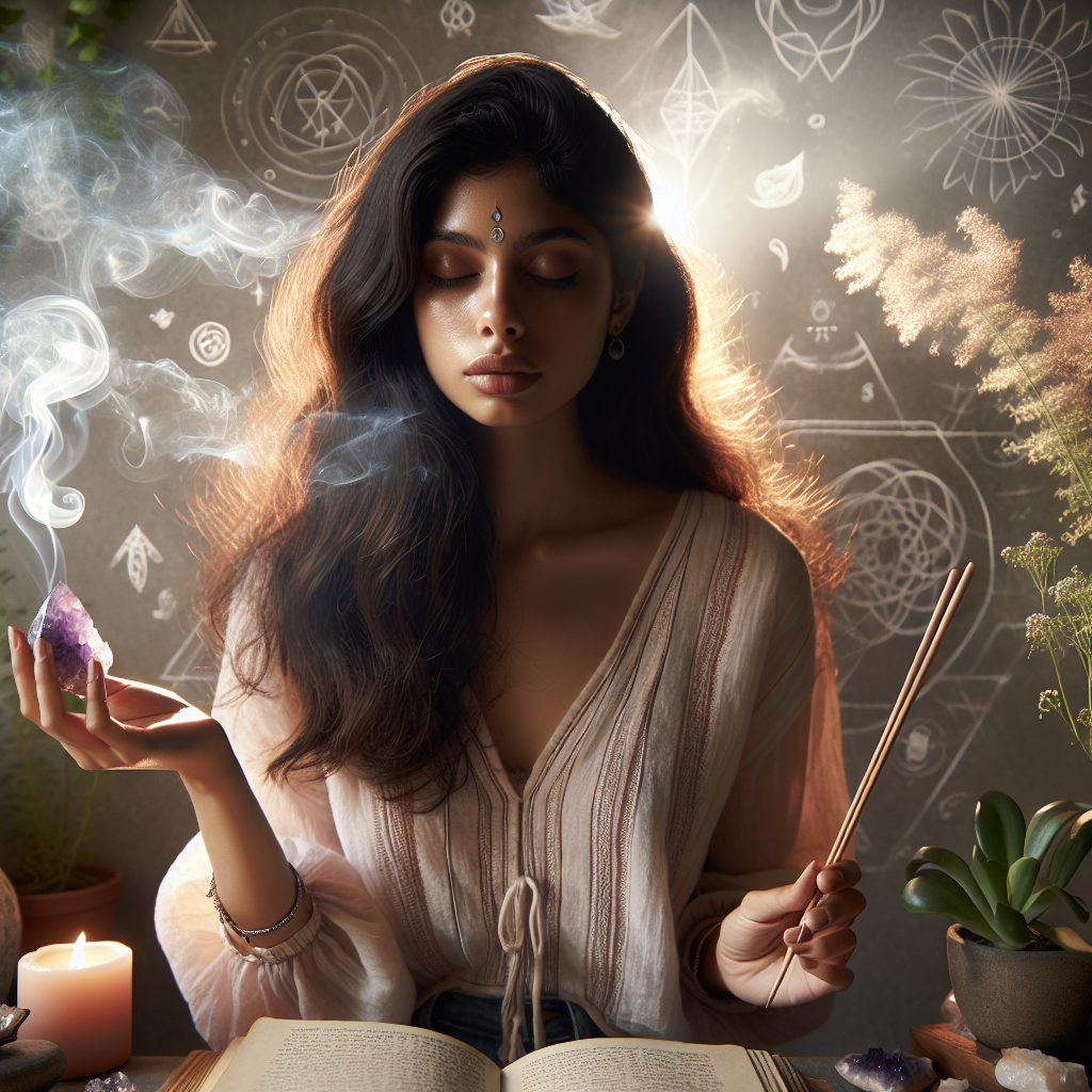 INFJ meditating with crystals, journal, and psychic energy symbols in a softly lit, spiritual environment.