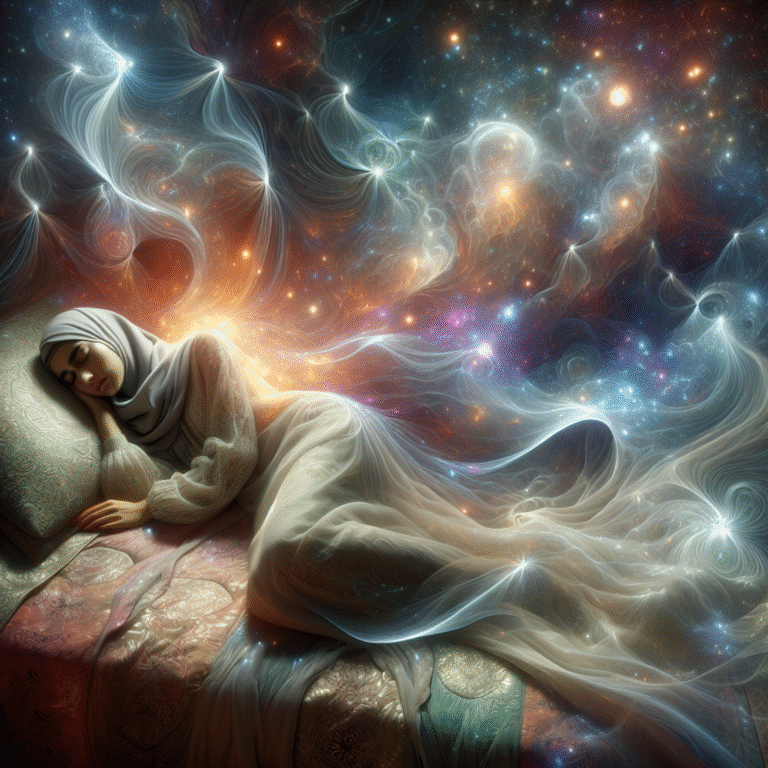 A dreamer floats in a starry, surreal landscape with hints of alien visitors and cosmic wonder, symbolizing alien abduction dreams.