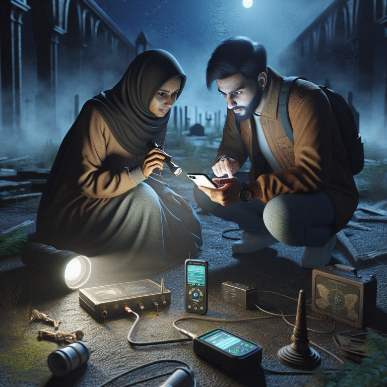 Twin Paranormal-style ghost hunters with apps and equipment investigating a haunted night location.