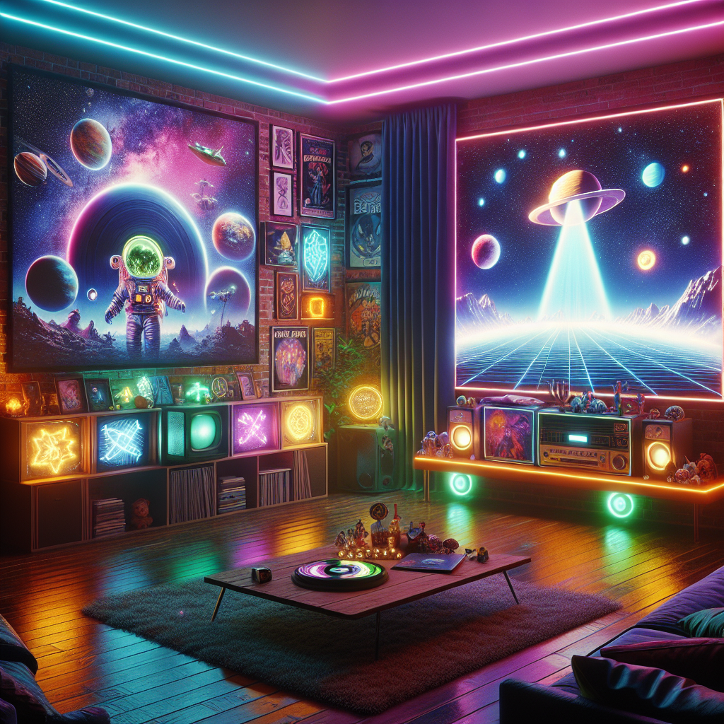 Home streaming Ancient Aliens on TV, Lemon Demon album and sci-fi decor create a surreal, extraterrestrial-themed setting.