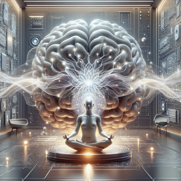 Human meditating in futuristic lab, digital networks and glowing brain symbolizing consciousness and artificial intelligence.