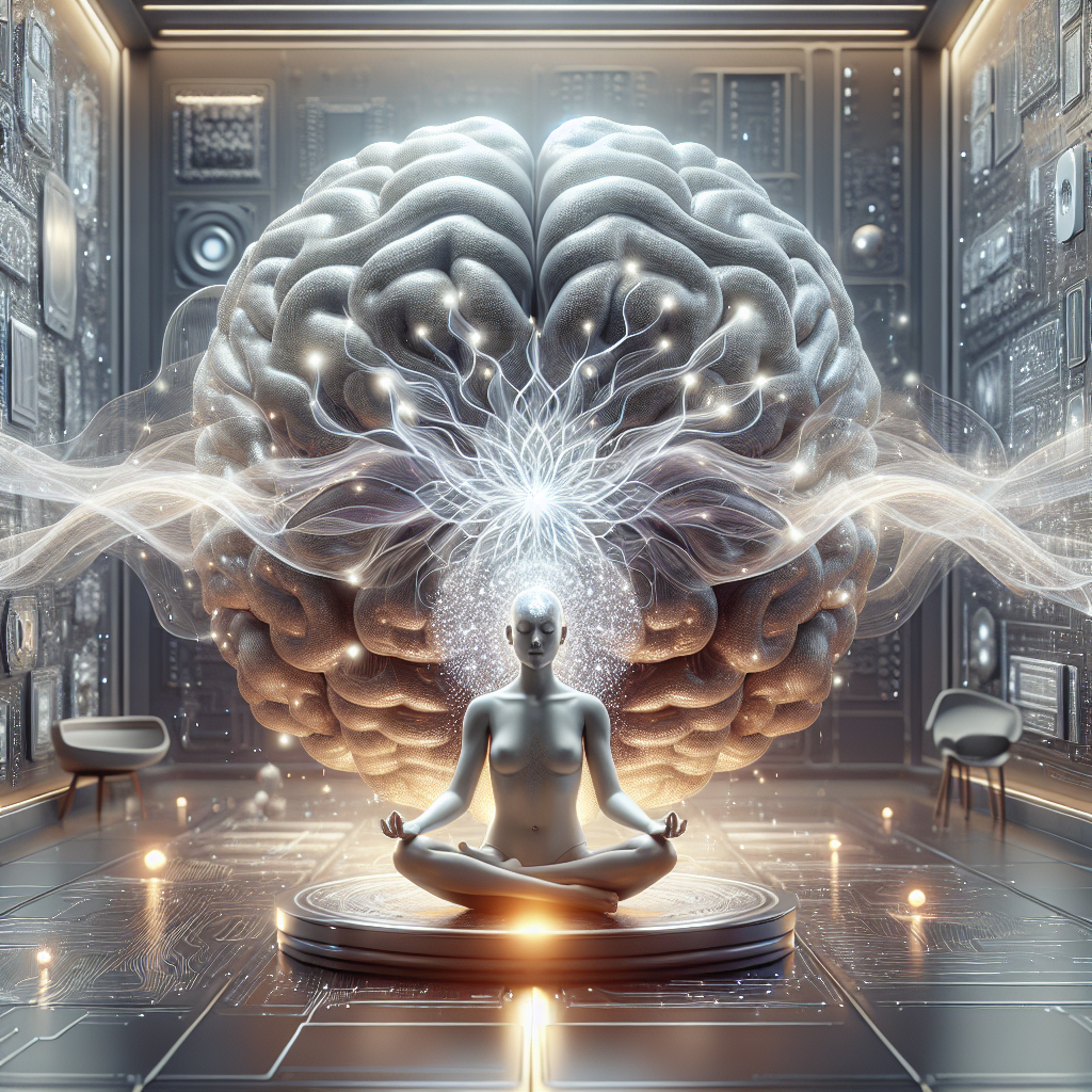 Human meditating in futuristic lab, digital networks and glowing brain symbolizing consciousness and artificial intelligence.