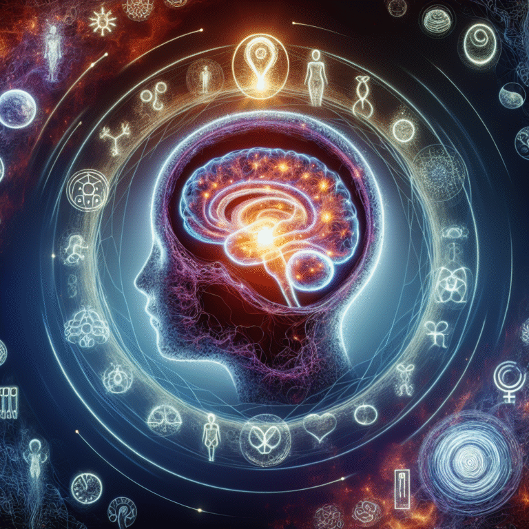 Human head with illuminated neural network, radiating light and symbols of consciousness, values, and fetal development.