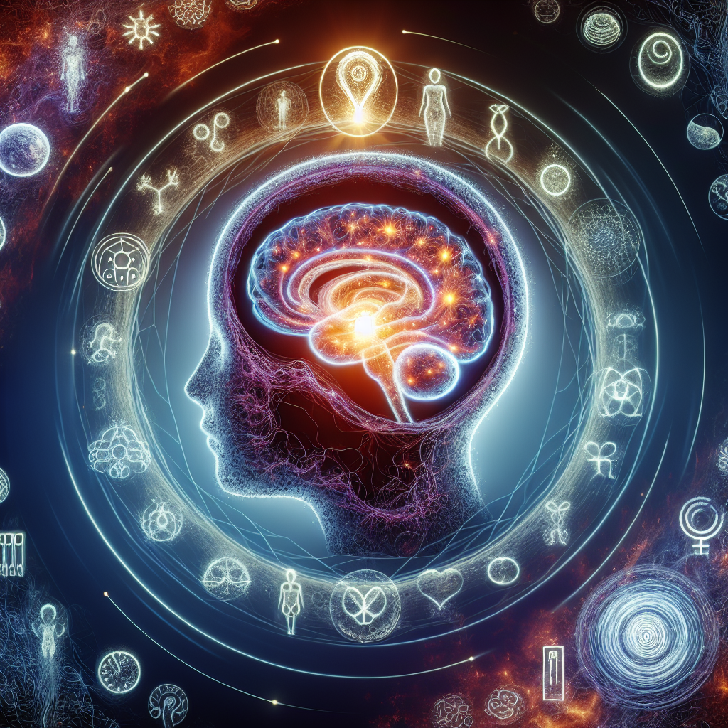 Human head with illuminated neural network, radiating light and symbols of consciousness, values, and fetal development.