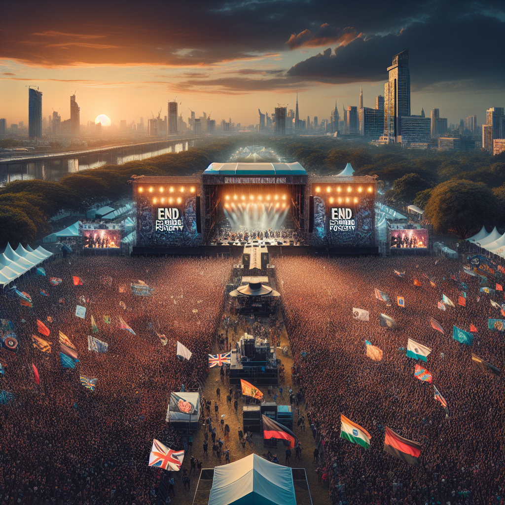 Global Citizen Festival crowd in Central Park with world flags and big stage, New York skyline at sunset.