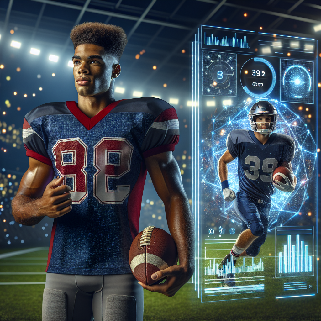 Jaxson Dart in Ole Miss uniform with football, beside digital Madden rating card, stadium lights behind him.