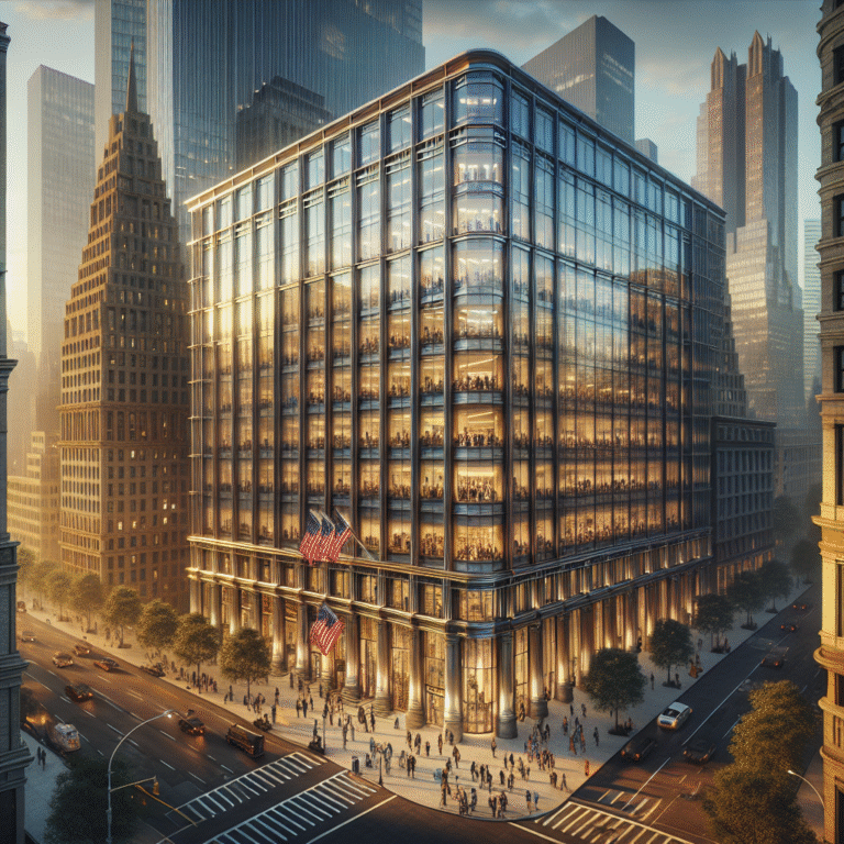 Merrill Lynch headquarters at 250 Vesey Street, NYC, with glass towers and flags at sunset in the financial district.