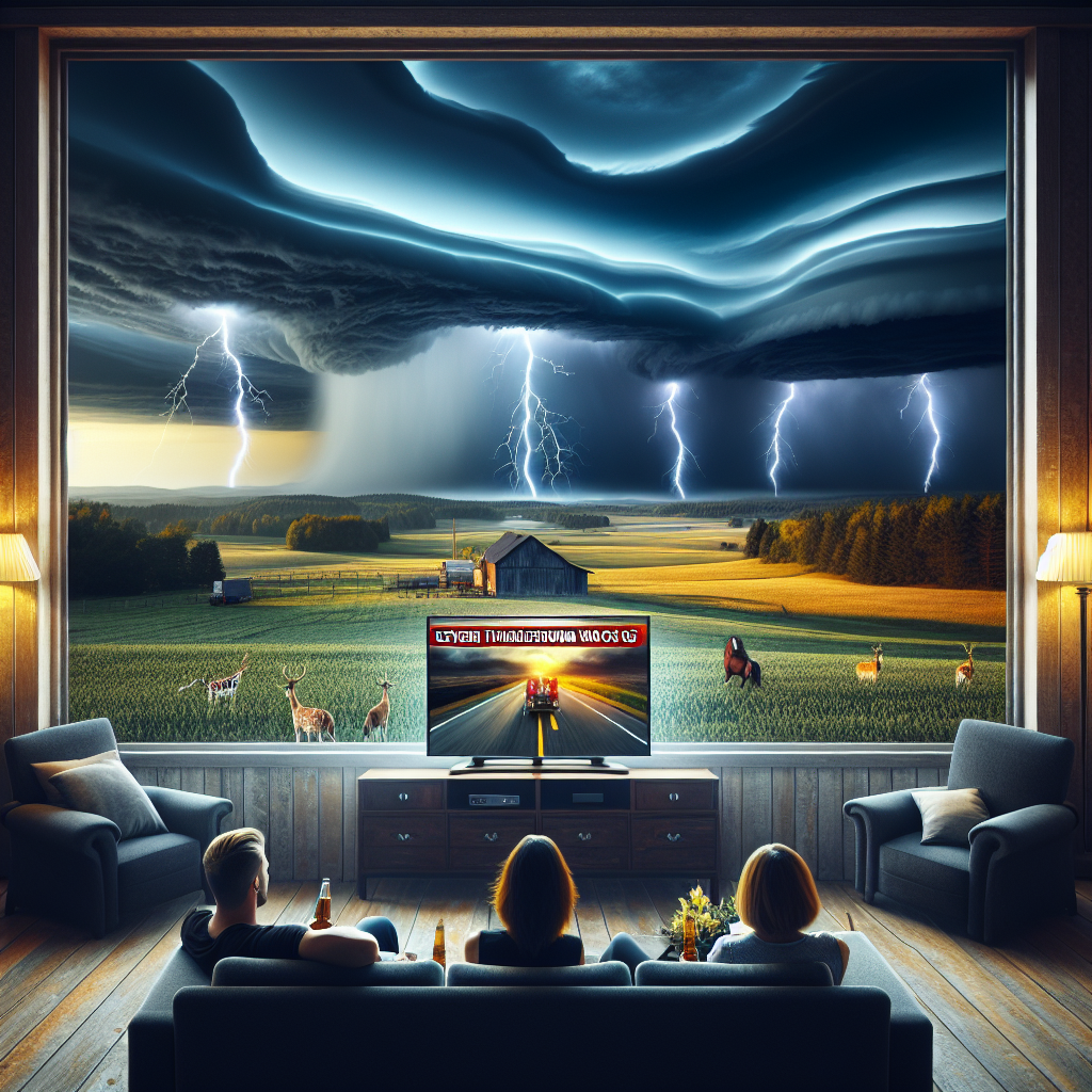 Severe thunderstorm warning scene with lightning, storm clouds, and a digital weather alert visible in a safe indoor setting.