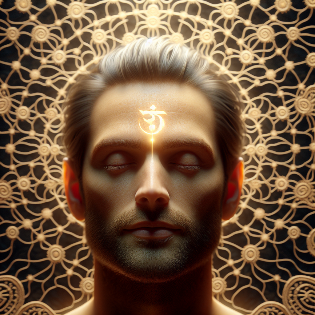 Person meditating with a golden glow and Hindi script for 'subconscious mind,' symbolizing inner mental depth and cross-cultural meaning.