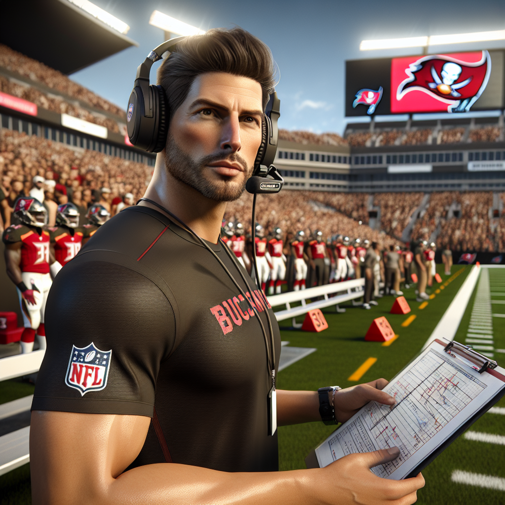 Todd Bowles focused on Buccaneers sideline, headset and clipboard, with stadium and scoreboard in the background.
